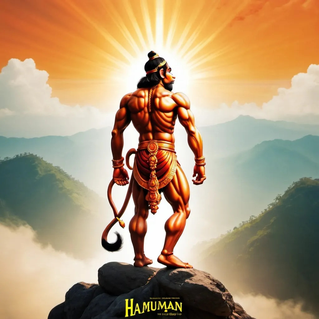 Prompt: Hanuman standing on mountain and sun rays and back text HANUMAN