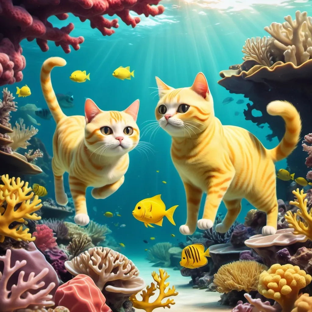 Prompt: a beautiful yellow skinny cat and a cute chubby yellow cat swim underwater past a coral reef.