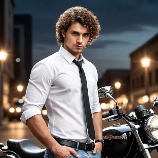 Prompt: (photorealistic image), a man with (curly hair) standing next to a (motorcycle), wearing a (white shirt) and (jeans) complemented by a (black tie), stylish pose, capturing a cool ambiance, high contrasted lighting, detailed textures, (stock photo quality), strong focus on the man and motorcycle, with an engaging background that reinforces the stylish and modern theme.