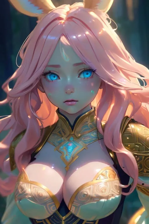 Prompt: plump female viera with long wavy pale pink hair and light blue eyes, wearing light armor, (masterpiece), (extremely intricate:1.3), (realistic), cinematic lighting, detailed skin, highly detailed, extremely delicate and beautiful, 8k, soft lighting, high quality, highres, sharp focus, extremely detailed, during the day,  extremely detailed eyes and face, masterpiece, cinematic lighting, (high detailed skin:1.2), 8k uhd, dslr, soft lighting, high quality, film grain, Fujifilm XT3