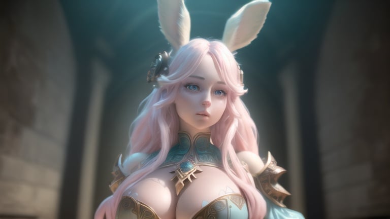 Prompt: plump female viera with long wavy pale pink hair and light blue eyes, wearing steampunk armor, (masterpiece), (extremely intricate:1.3), (realistic), cinematic lighting, detailed skin, highly detailed, extremely delicate and beautiful, 8k, soft lighting, high quality, highres, sharp focus, extremely detailed, during the day,  extremely detailed eyes and face, masterpiece, cinematic lighting, (high detailed skin:1.2), 8k uhd, dslr, soft lighting, high quality, film grain, Fujifilm XT3