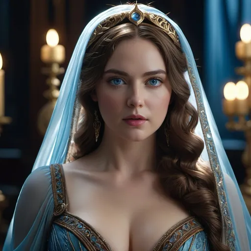 Prompt: plump woman with wavy brown hair and pale blue eyes, wearing sorceress gown, (masterpiece), (extremely intricate:1.3), (realistic), cinematic lighting, detailed skin, highly detailed, extremely delicate and beautiful, 8k, harp focus, extremely detailed, masterpiece, cinematic lighting, (high detailed skin:1.2), 8k uhd, dslr, soft lighting, high quality, film grain, Fujifilm XT3