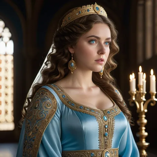 Prompt: plump woman with wavy brown hair and pale blue eyes, wearing byzantine gown, (masterpiece), (extremely intricate:1.3), (realistic), cinematic lighting, detailed skin, highly detailed, extremely delicate and beautiful, 8k, harp focus, extremely detailed, masterpiece, cinematic lighting, (high detailed skin:1.2), 8k uhd, dslr, soft lighting, high quality, film grain, Fujifilm XT3