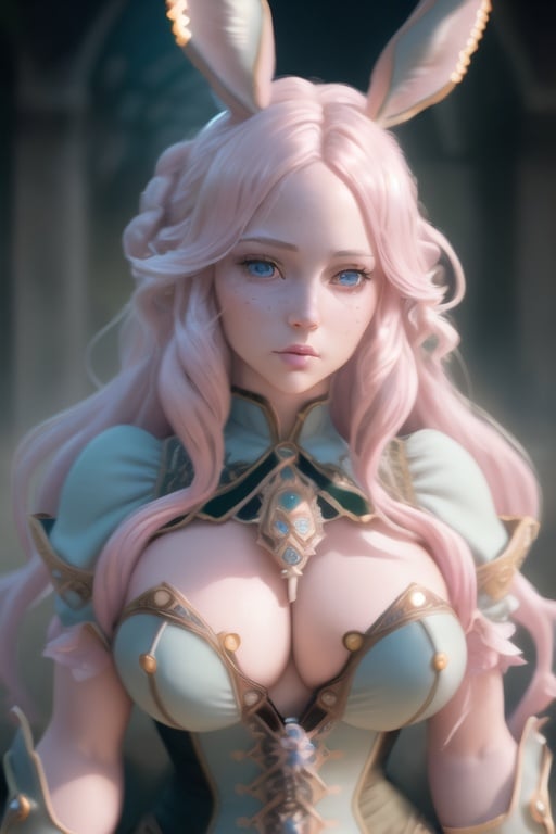 Prompt: plump female viera with long wavy pale pink hair and light blue eyes, wearing steampunk armor, (masterpiece), (extremely intricate:1.3), (realistic), cinematic lighting, detailed skin, highly detailed, extremely delicate and beautiful, 8k, soft lighting, high quality, highres, sharp focus, extremely detailed, during the day,  extremely detailed eyes and face, masterpiece, cinematic lighting, (high detailed skin:1.2), 8k uhd, dslr, soft lighting, high quality, film grain, Fujifilm XT3