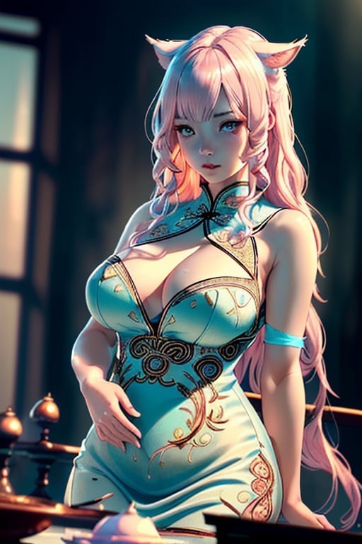 Prompt: plump female miqo'te with long wavy pale pink hair and light blue eyes, wearing cheongsam dress, (masterpiece), (extremely intricate:1.3), (realistic), cinematic lighting, detailed skin, highly detailed, extremely delicate and beautiful, 8k, soft lighting, high quality, highres, sharp focus, extremely detailed, during the day,  extremely detailed eyes and face, masterpiece, cinematic lighting, (high detailed skin:1.2), 8k uhd, dslr, soft lighting, high quality, film grain, Fujifilm XT3