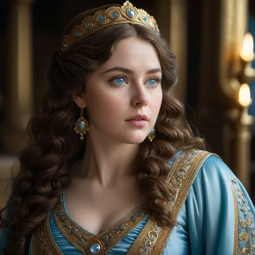 Prompt: plump woman with wavy brown hair and pale blue eyes, wearing byzantine gown, (masterpiece), (extremely intricate:1.3), (realistic), cinematic lighting, detailed skin, highly detailed, extremely delicate and beautiful, 8k, harp focus, extremely detailed, masterpiece, cinematic lighting, (high detailed skin:1.2), 8k uhd, dslr, soft lighting, high quality, film grain, Fujifilm XT3