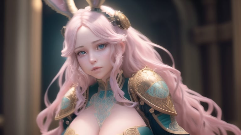 Prompt: plump female viera with long wavy pale pink hair and light blue eyes, wearing steampunk armor, (masterpiece), (extremely intricate:1.3), (realistic), cinematic lighting, detailed skin, highly detailed, extremely delicate and beautiful, 8k, soft lighting, high quality, highres, sharp focus, extremely detailed, during the day,  extremely detailed eyes and face, masterpiece, cinematic lighting, (high detailed skin:1.2), 8k uhd, dslr, soft lighting, high quality, film grain, Fujifilm XT3