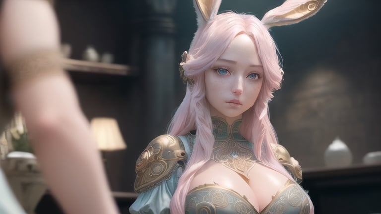 Prompt: plump female viera with long wavy pale pink hair and light blue eyes, wearing steampunk armor, (masterpiece), (extremely intricate:1.3), (realistic), cinematic lighting, detailed skin, highly detailed, extremely delicate and beautiful, 8k, soft lighting, high quality, highres, sharp focus, extremely detailed, during the day,  extremely detailed eyes and face, masterpiece, cinematic lighting, (high detailed skin:1.2), 8k uhd, dslr, soft lighting, high quality, film grain, Fujifilm XT3