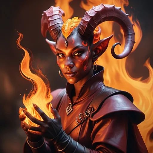 Prompt: hyper-realistic Tiefling character with fire hands, fantasy character art, illustration, dnd, warm tone