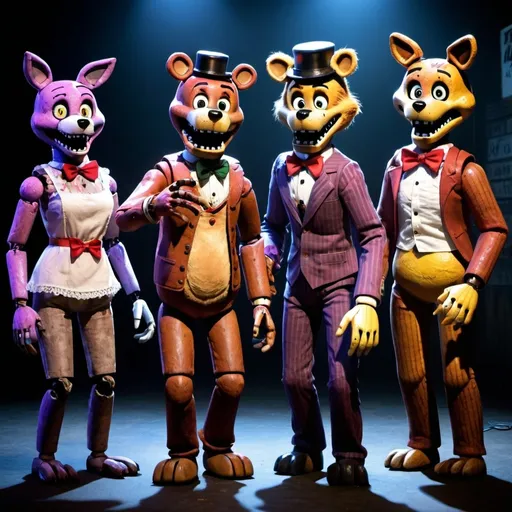 Prompt: 4 animatronics that are animals, one has to be called Freddy, another Bonnie, another Chica and another Foxi