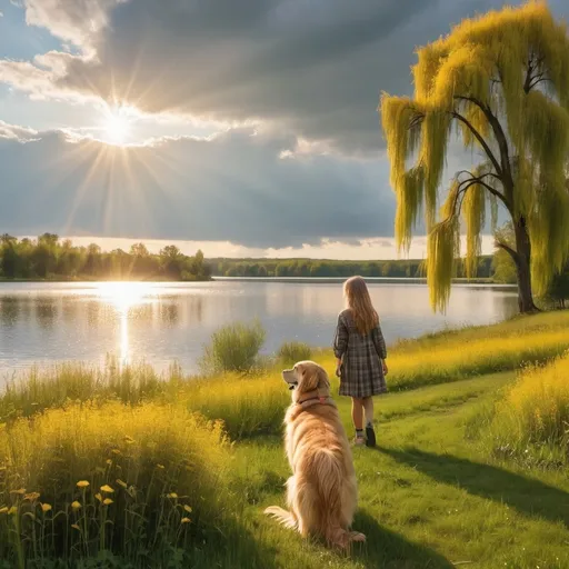 Prompt: Sun breaking through  clouds. With a golden willow tree overlooking a lake with girl and golden retriever playing on a green  grassy field with wildflowers 