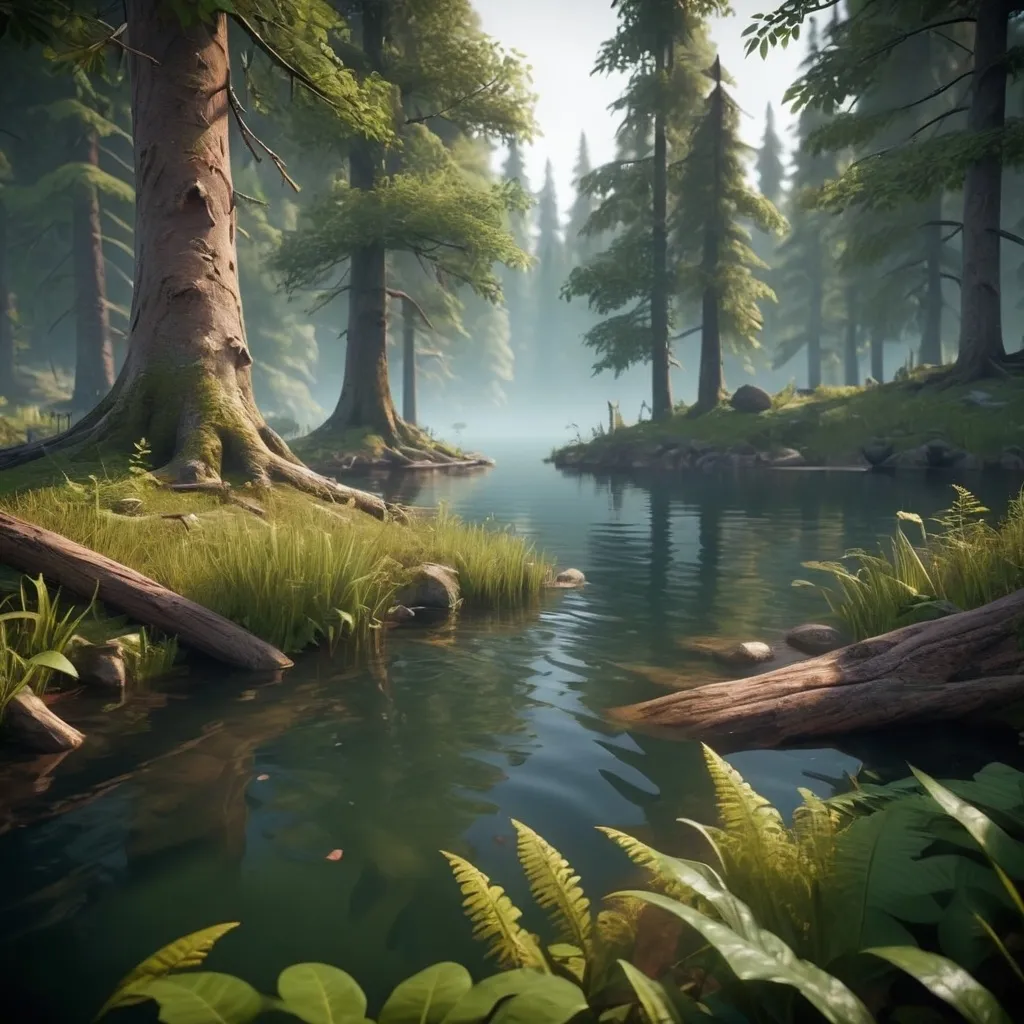 Prompt: a mysterious forest next to a lake, high quality, unreal engine