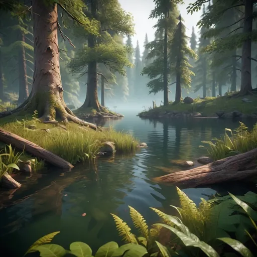 Prompt: a mysterious forest next to a lake, high quality, unreal engine