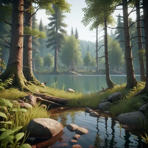 Prompt: a mysterious forest next to a lake, high quality, unreal engine