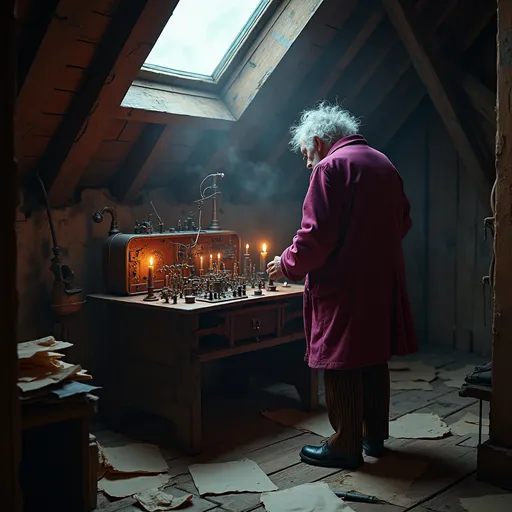 Prompt: A mad disheveled gray haired scientist wearing a worn-out magenta tailcoat , brown pants with black stripes and black shoes is standing in front of a big mysterious scientific device working on it in an old dark  attic . The wooden floor is scattered with sheets of paper . Dim candlelight flickers casting shadows while the glowing filaments of the device's diodes emit a faint , eerie light . Moonlight streams through the attic window in the roof illuminating floating dust particles in the air creating a mysterious and atmospheric scene