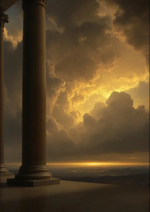 Prompt: A perspective from the interior of a palace with tall columns . Mist . The most striking element is the sky . Thick, billowing clouds stretch across the sky, heavy and textured with tones of grey, brown, and hints of blue. These clouds seem to part just enough to reveal a glowing band of soft, golden-yellow light near the horizon, suggesting either a sunrise or a sunset. This light gently spills across the landscape, casting a muted radiance that enhances the depth and mystery of the scene. The style of 19th-century realism.