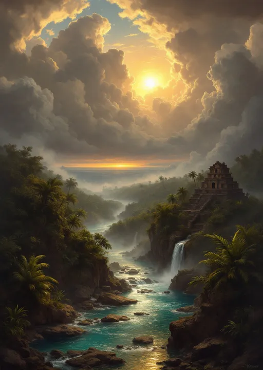 Prompt: Rocky winding river in a lush tropical jungle with plants and palms. Mist . Waterfalls. Turquoise pool . Mayan ruins .
The most striking element is the sky . Thick, billowing clouds stretch across the sky, heavy and textured with tones of grey, brown, and hints of blue. These clouds seem to part just enough to reveal a glowing band of soft, golden-yellow light near the horizon, suggesting either a sunrise or a sunset. This light gently spills across the landscape, casting a muted radiance that enhances the depth and mystery of the scene. The style of 19th-century realism .