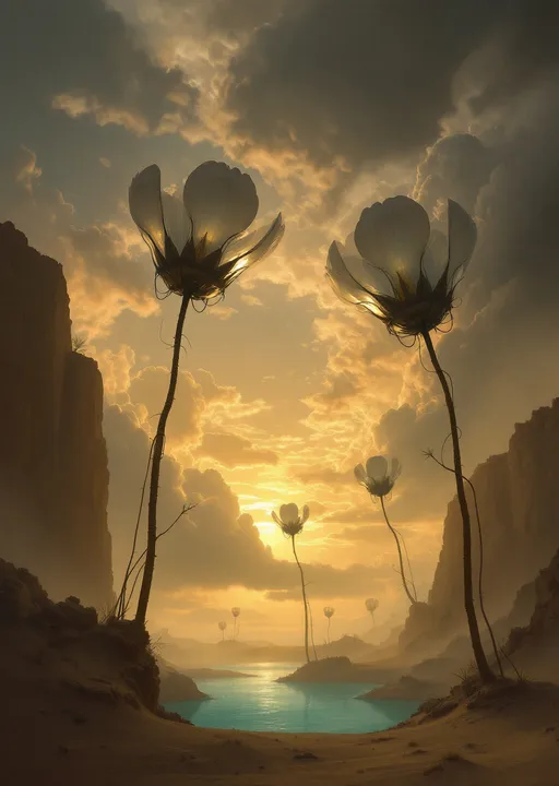 Prompt: Gigantic metal flowers enshrouded in mist and clouds growing up to the clouds sprouting from metal bulbs nestled on golden sand dunes .Sandy cliffs . Mist. A turquoise pond . The most striking element is the sky . Thick, billowing clouds stretch across the sky, heavy and textured with tones of grey, brown, and hints of blue. These clouds seem to part just enough to reveal a glowing band of soft, golden-yellow light near the horizon, suggesting either a sunrise or a sunset. This light gently spills across the landscape, casting a muted radiance that enhances the depth and mystery of the scene. The style of 19th-century realism.