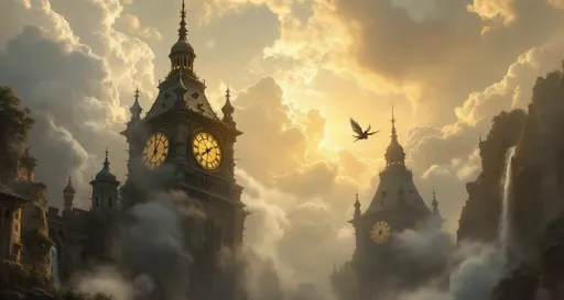 Prompt: A close-up on a flying man with wings made of metal feathers gliding through mist-shrouded clock towers .Mist. Waterfalls . The most striking element is the sky . Thick, billowing clouds stretch across the sky, heavy and textured with tones of grey, brown, and hints of blue. These clouds seem to part just enough to reveal a glowing band of soft, golden-yellow light near the horizon, suggesting either a sunrise or a sunset. This light gently spills across the landscape, casting a muted radiance that enhances the depth and mystery of the scene. The style of 19th-century realism.