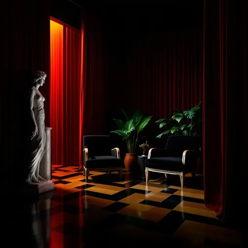 Prompt: A surreal dark room with no windows with a bold, zigzag-patterned floor in black and beige , deep red velvet curtains covering all the walls, art deco-style black armchairs with wooden arms and big pots with lush  tropical plants . Mist. From between the curtains an intense orange light radiates. A classical marble statue stands nearby , subtly lit by the orange glow. The atmosphere is dreamlike and eerie with strong cinematic lighting and shadows .