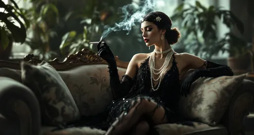 Prompt: An 1920 elegant woman sitting on a french design vintage carved birch sofa with upholstery with floral motifs in a misty room . Big pots with lush tropical plants.  Her legs are crossed . She is slightly leaning back into the sofa. Her head is tilted slightly downward and to the right creating a dramatic shadow over part of her face . Her right arm is raised and bent at the elbow resting on the back of the sofa . She is holding a long cigarette holder with a cigarette between her fingers in a classic , almost film noir pose. The cigarette emits a thin trail of smoke that curls upward. Her left arm is resting casually on her lap.
She wears a stunning black fringe flapper-style evening dress with shimmering beads and sequins featuring multiple layers of flowing fringes that sway with her movement .
She has on long, elbow-lenght black satin gloves . Multiple strands of long , white faux pearls are draped around her neck . She wears a black headband adorned on the side tightly against her temple with a decorative burgundy feather and a central jewel worn low across her forehead in classic flapper fashion. She has dangling pearl earrings. Her hair is styled in a neat , vintage inspired updo with finger waves parted in the center and tucked into the back staying true to 1920s hairstyles .
Shea also wears a pair of black and white heels with low block heels typical of the era. Dim light filtering through windows .