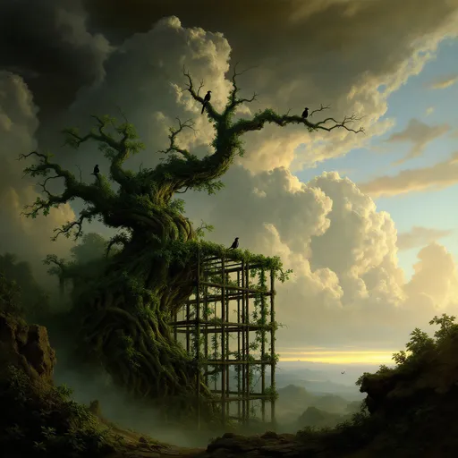 Prompt: A massive, gnarled and lush tree with an intricate web of roots growing in the center of a cubic steel lattice. Mist.  Vines and branches twisted around the steel bars. Lyre birds with long tails perched on the steel rods.  The most striking element is the sky . Thick, billowing clouds stretch across the sky, heavy and textured with tones of grey, brown, and hints of blue. These clouds seem to part just enough to reveal a glowing band of soft, golden-yellow light near the horizon, suggesting either a sunrise or a sunset. This light gently spills across the landscape, casting a muted radiance that enhances the depth and mystery of the scene. The style of 19th-century realism.