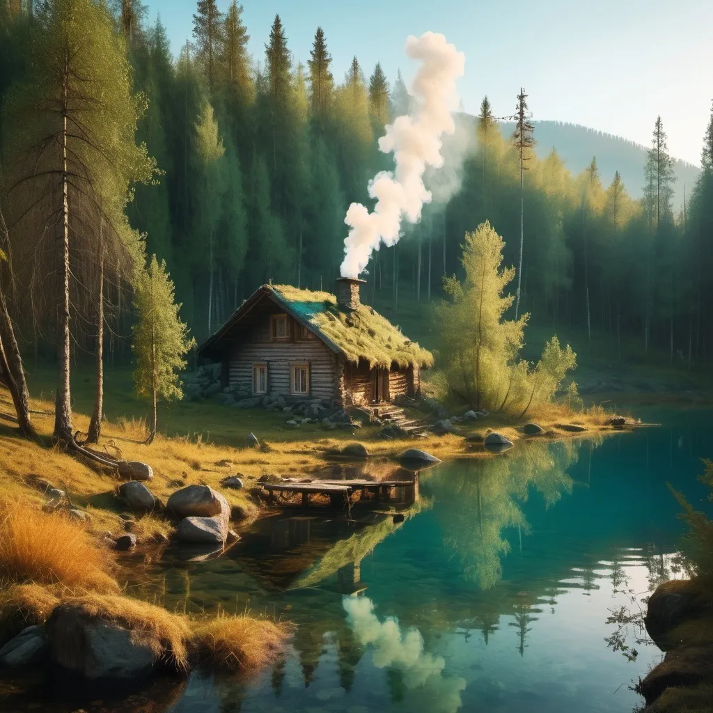 Prompt: A clear mountain light  turquoise lake surrounded by pines and  lushy vegetation , thickets and bushes .  Fallen trees  .Rocks covered with moss visible in water . A russian peasant house with smoke coming out of the chimney . Mist .Lit by warm golden sun