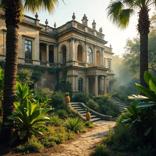 Prompt: An abandoned palace in Sicily with overgrown vegetation, weathered stone walls and peeling plaster . The house features ornate stone balustrades on its terraces , grand staircases , statues and tall windows . In front of the house there is a lush tropical garden filled with banana trees , exotic plants and sculptures of pineapples . Golden sunlight . Mist