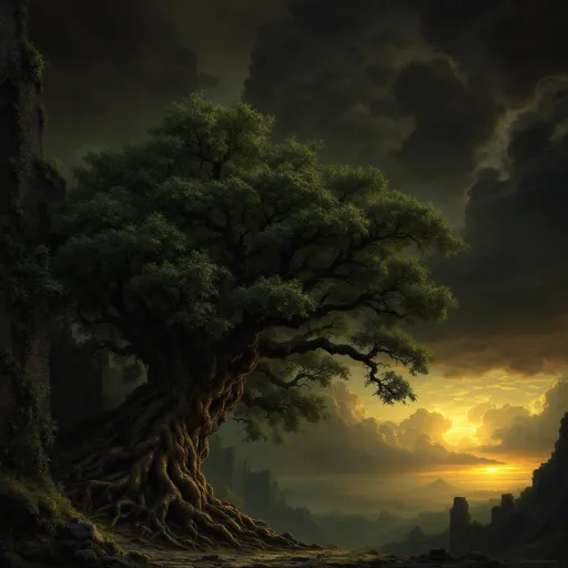 Prompt: A massive, gnarled and lush tree with an intricate web of roots growing inside a ruined, vast, dark cathedral. Mist. Walls covered in creeping vines and moss . The most striking element is the sky . Thick, billowing clouds stretch across the sky, heavy and textured with tones of grey, brown, and hints of blue. These clouds seem to part just enough to reveal a glowing band of soft, golden-yellow light near the horizon, suggesting either a sunrise or a sunset. This light gently spills across the landscape, casting a muted radiance that enhances the depth and mystery of the scene. The style of 19th-century realism.