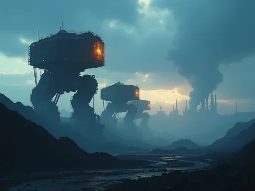 Prompt: A row of huge sci-fi industrial machinery towering over a landscape filled with massive heaps of mining waste silhouetted against a dramatic blue sunset with storm clouds . In the distance futuristic industrial facilities create a dystopian atmosphere . Thick mist .