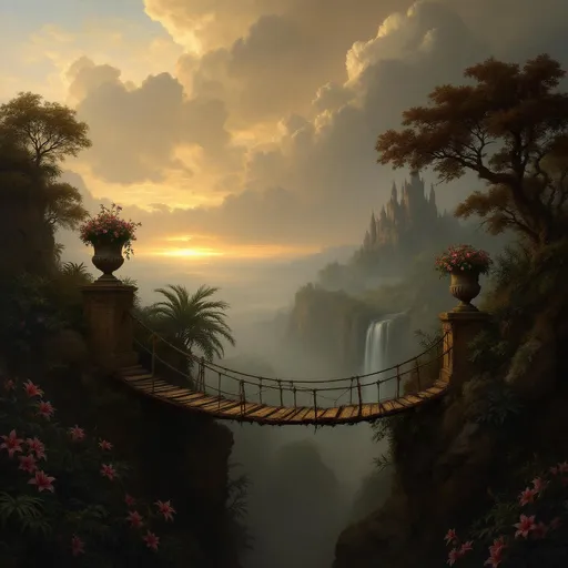 Prompt: A rickety wooden and rope bridge stretching across a deep chasm filled with thick fog with two stone urns with withered flowers flanking both ends. Pink lilies and lush tropical plants and palms. A waterfall . In the distance a fairytale towering castle . Mist . The most striking element is the sky . Thick, billowing clouds stretch across the sky, heavy and textured with tones of grey, brown, and hints of blue. These clouds seem to part just enough to reveal a glowing band of soft, golden-yellow light near the horizon, suggesting either a sunrise or a sunset. This light gently spills across the landscape, casting a muted radiance that enhances the depth and mystery of the scene. The style of 19th-century realism.