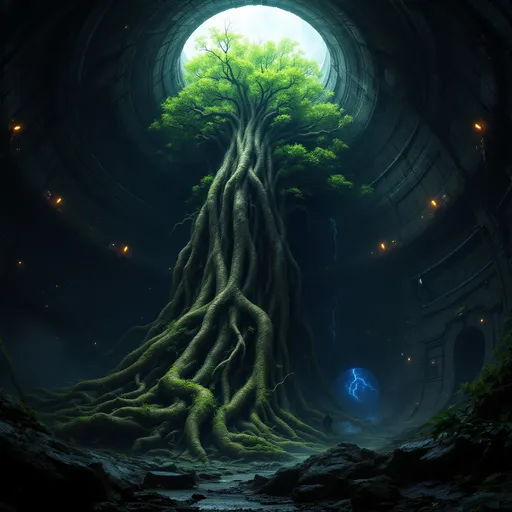 Prompt: An alien, massive, gnarled and lush tree with an intricate web of roots growing in the 
dark, cylindrical, sci-fi massive ventilation shaft with walls covered in intricate panels, pipes and scattered orange lights. Dim light coming from above . Mist . Blue electrical discharges .
