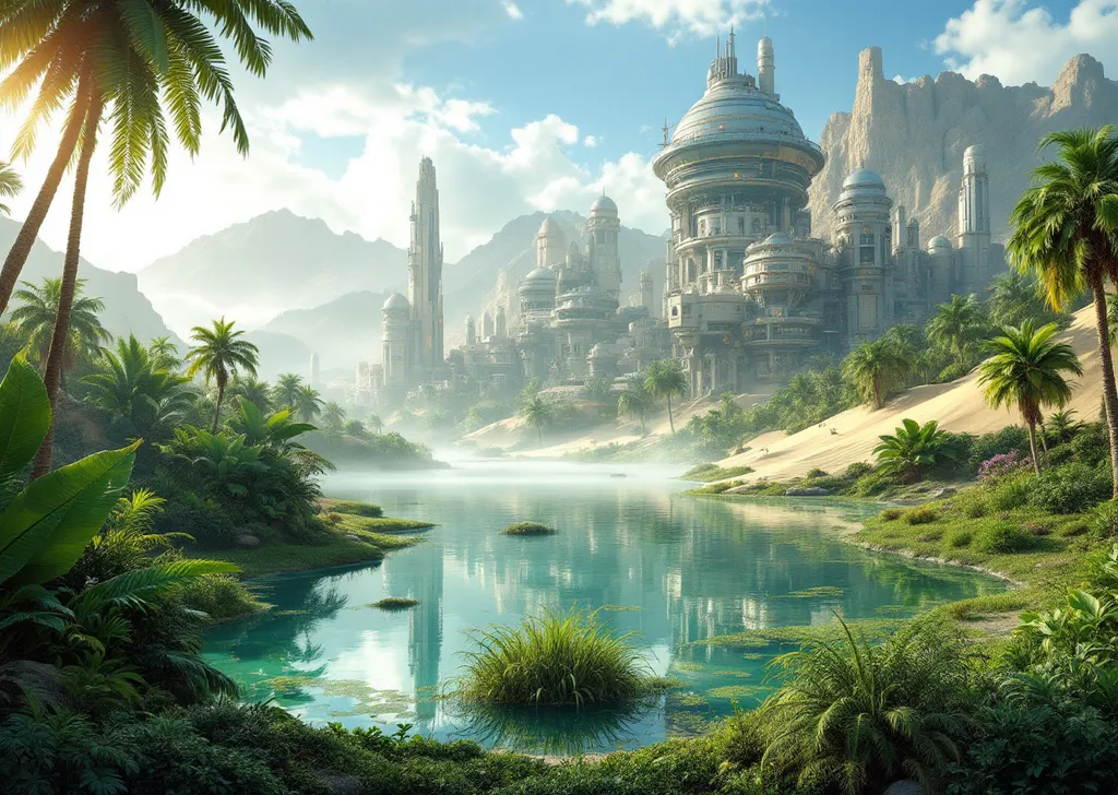Prompt: Sand dunes  , lush tropical plants and palms . Sci-fi buildings . A lake .Mist. Sunlight .