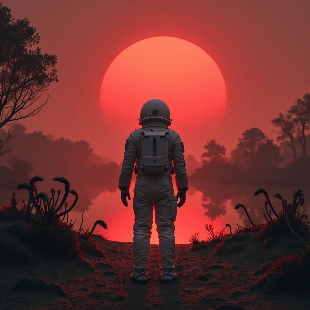 Prompt: A red planet with a lake and an alien prehistorical forest with carnivorous plants . A close-up of an astronaut in a white , pressurized suit and helmet standing with his back to the viewer . His posture conveys shock and astonishment - arms and legs spread apart slightly leaning backward . The atmosphere is eerie and otherworldy with dust swirling in the air . Night . Mist . Sky full of stars . Red light of the sun .
