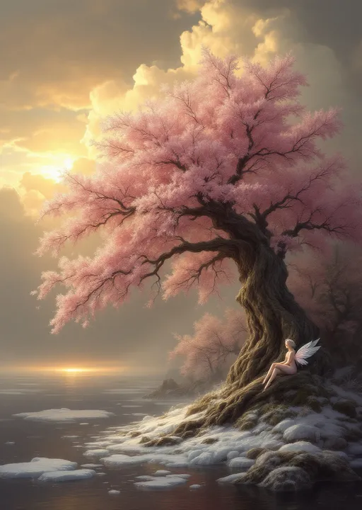 Prompt: A huge, lush and gnarled tree with pink blossoms growing among ice floes . The tree and its flowers are covered in frost and hoarfrost. Beneath the tree a delicate ice fairy with translucent wings is sitting peacefully . Mist. Sunlight . Trees. The most striking element is the sky . Thick, billowing clouds stretch across the sky, heavy and textured with tones of grey, brown, and hints of blue. These clouds seem to part just enough to reveal a glowing band of soft, golden-yellow light near the horizon, suggesting either a sunrise or a sunset. This light gently spills across the landscape, casting a muted radiance that enhances the depth and mystery of the scene. The style of 19th-century realism.