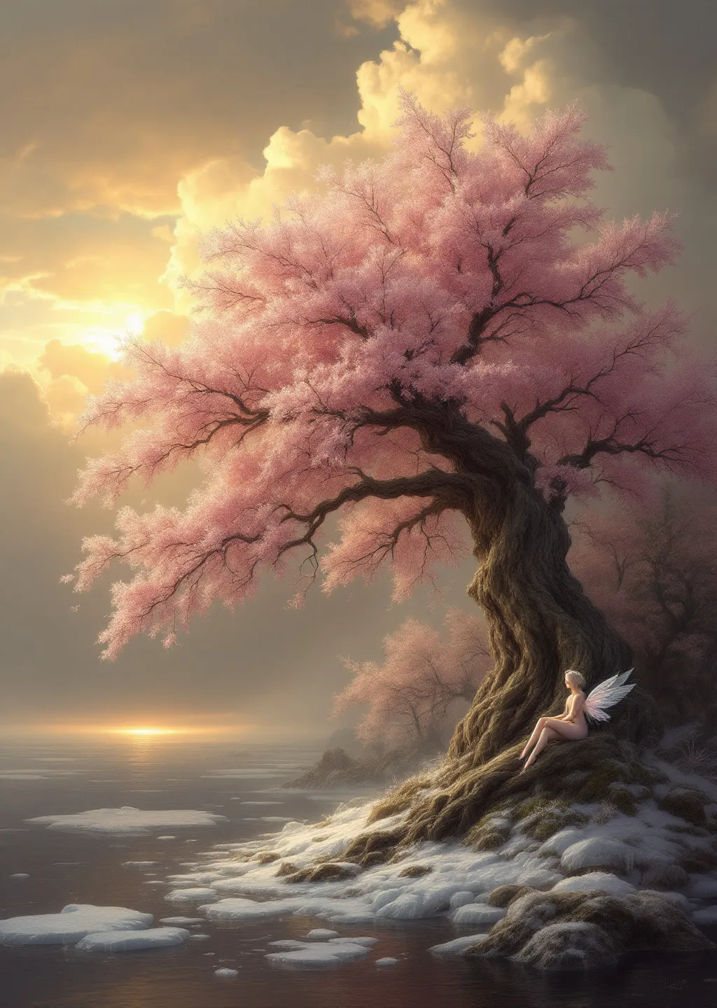 Prompt: A huge, lush and gnarled tree with pink blossoms growing among ice floes . The tree and its flowers are covered in frost and hoarfrost. Beneath the tree a delicate ice fairy with translucent wings is sitting peacefully . Mist. Sunlight . Trees. The most striking element is the sky . Thick, billowing clouds stretch across the sky, heavy and textured with tones of grey, brown, and hints of blue. These clouds seem to part just enough to reveal a glowing band of soft, golden-yellow light near the horizon, suggesting either a sunrise or a sunset. This light gently spills across the landscape, casting a muted radiance that enhances the depth and mystery of the scene. The style of 19th-century realism.