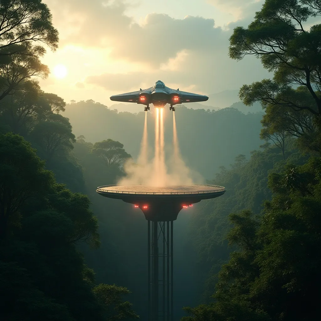 Prompt: A landing platform with light beacons on pillars  reaching above dense tropical forest canopy .The tops of the trees touch the platform. A sci-fi spaceship taking off vertically with its jets on raising clouds of dust. Mist . Sunlight