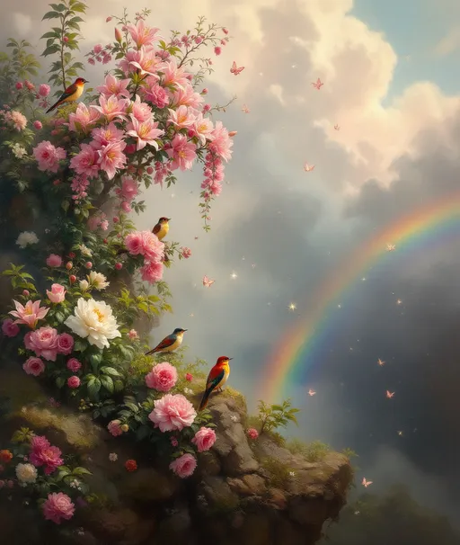 Prompt: A painting in the style of 19th-century realism. Lush branches emerging from the fluffy clouds wrapped in vibrant climbing pink lilies, peonies and climbing pink and white roses. Mist. Lyrebirds with long tails perch among the foliage while butterflies and glowing fireflies flutter through the air. A rainbow. Sparkling particles in the air . Sunlight .