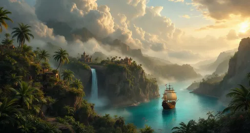 Prompt: Aerial view of a turquoise pool surrounded by lush tropical plants , palms and rocky cliffs with a floating pirate galleon . Mist. A waterfall.  Fairy dwellings and a castle perched on the cliffs. The most striking element is the sky . Thick, billowing clouds stretch across the sky, heavy and textured with tones of grey, brown, and hints of blue. These clouds seem to part just enough to reveal a glowing band of soft, golden-yellow light near the horizon, suggesting either a sunrise or a sunset. This light gently spills across the landscape, casting a muted radiance that enhances the depth and mystery of the scene. The style of 19th-century realism.