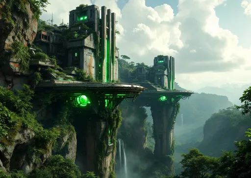 Prompt: Two massive , towering, abandoned , decayed , rusted , overgrown with tropical vegetation and vines futuristic , sci-fi structures rise dramatically from within a lush , tropical jungle . Each construction is a fusion of brutalist architecture and high-tech elements with angular platforms , glowing green energy cores and mechanical arms extending outward like industrial limbs . The main body of the structure is embedded into the rock itself with large metal ribs and vertical spires jutting upward toward the sky . Neon green lights pulse from within hinting at some hiden power source or alien technology . Suspended bridges and landing pads are attached to the cliff faces partially covered in moss and vines . Around the structures the thick jungle spreads in every direction-dense and distant waterfalls while omnious clouds roll across a dramatic sky overhead . Steam and mist rise from the jungle. Waterfalls . Sunlight . Mist .