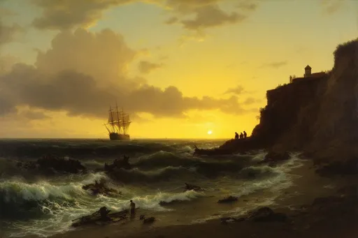 Prompt: A classic Romantic-era maritime scene    depicting a dramatic shipwreck scene at sunset . In the foreground the sea is turbulent, with crashing waves and white foam, suggesting the aftermath of a violent storm. Near the bottom left, debris from a wrecked ship floats in the water—broken masts and parts of the hull are partially submerged.
The color of the water reflects the warm light from the sky, with hues of yellow, orange, and gold mixing with cooler blues and greys, enhancing the sense of chaos and contrast. To the right, a rocky cliff looms, casting a shadow over the land below.
Atop the cliff or nestled against it is a small building, possibly a chapel or watchtower, dimly lit and isolated. It adds a human, spiritual presence in contrast to the raw power of nature.
A group of three figures—perhaps survivors or rescuers—stand on the shore. Some are kneeling, while others appear to be assisting someone or praying. Their small scale emphasizes the vastness and danger of the natural world.
In the background a large sailing ship leans dramatically to one side, clearly damaged or partially sunken. Its masts are broken or tangled, and it is shrouded in mist and sea spray.
The ship is backlit by a glowing sun, either setting or rising on the horizon. The light is intense and diffused, creating a surreal, almost divine contrast between the violent sea and the serene glow.
The sunlight casts a golden aura over the entire scene, giving it a haunting beauty.
The overall mood is dramatic, melancholic, and reverent.
The scene captures the power of nature, the fragility of human life, and possibly a moment of salvation or mourning.
The lighting plays a key emotional role—despite the destruction, the glowing sky suggests hope, divinity, or a new beginning. 
The blend of luminous beauty and dark tragedy is a hallmark of Romantic art, evoking strong emotional responses and a sense of awe.