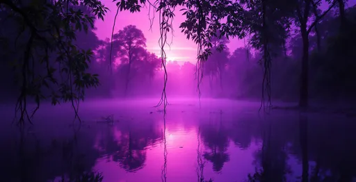 Prompt: Flooded rainforest. Mist. A purple gradient on the image from the top to the bottom. Purple sunset seen through branches touching the water surface .