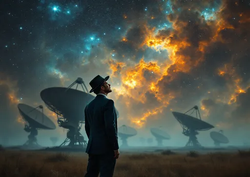 Prompt: A man dressed in a 1950's fashion in a polyester suit and a hat standing at night in an open field surrounded by an array of massive satellite dishes . Mist. He is looking up towards the sky full of vibrant nebulas with deep space colors including fiery oranges , blues and cosmic dust and stars . 