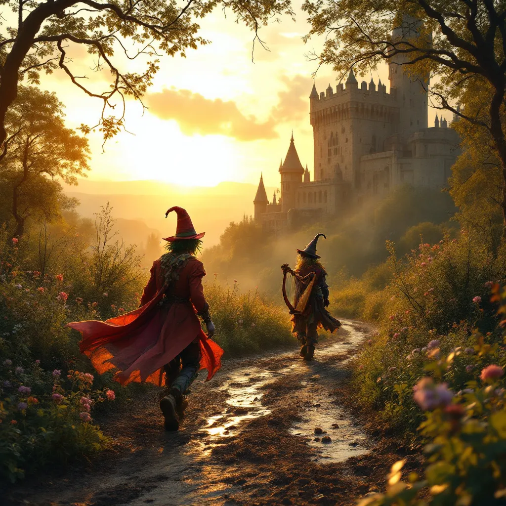 Prompt: The silhouettes of a shabby-dressed court jester and a minstrel playing a small hand-held harp that dance merrily along a winding, muddy path through a lush, green forest against the ethereal crimson hues of the setting sun. Behind them a grand, towering medieval castle rises in the distance partially veiled by mist and towering trees . Reddish light of the sunset. Mist. Eerie and mysterious scene .