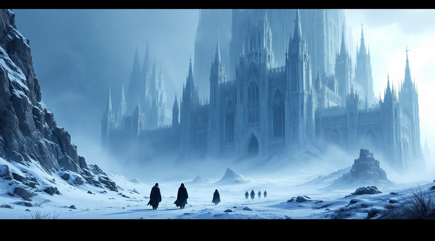 Prompt: On the left side a towering , ancient fortress of ice and stone rises from the frozen wasteland its gothic spires and intricate carvings covered in snow and frost . The colossal structure looms over the desolate landscape partially shrouded in mist and illuminated by the cold , pale light of the distant sun . In the foreground a small group of travelers dressed in heavy cloaks carefully make their way through the snow covered terrain dwarfed by the overwhelming scale of the icy citadel . The atmosphere is eerie and mysterious evoking a sense of ancient power and forgotten legends . Thick mist . Wind blown-snow . Sunlight
