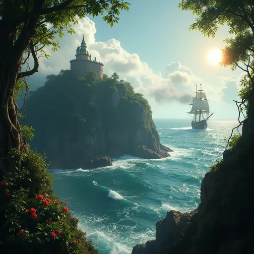 Prompt: A fort on a high cliff in the middle of the ocean seen from a lushy jungle with vines . A galleon firing a cannonball , white gun smoke . Mist . Sunlight