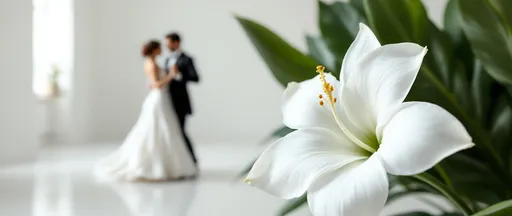Prompt: A pair of tango dancers elegantly dressed ( the woman in a long white gown and the man in a black suit ) moving gracefully in the far distance in a white room  in the left side of the background. On the right side in the foreground a close-up of the white corolla of a tropical flower entering the frame partially from the edge. White background.
