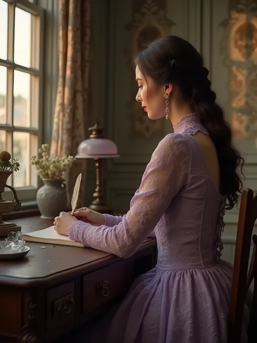 Prompt: A woman in a light purple Victorian lace dress sits at an worn ornate wooden desk writing with a delicate quill pen her back turned to the viewer. Her long , dark hair is elegantly braided . The setting sun casts a faint , melancholic light into the room creating an atmosphere of quiet solitude . Shadows of the window frames are visible on the walls and furniture adding depth and a sense of passing time . An antique oil lamp stands on the table complementing the warm , vintage ambiance . A vase with flowers on the desk .Worn , polished wooden furniture  . The intricate floral patterns on the wallpaper and the delicate decorations on the table enhance the nostalgic and romantic atmosphere . The overall composition evokes a timeless , cinematic reminiscent of classic period dramas . 