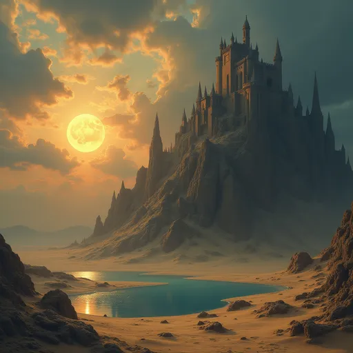 Prompt: A surreal and majestic desert landscape featuring a towering gothic castle on a rocky hill , with a small reflective pool in the foreground . The sky is dramatic , filled with dense clouds , a glowing moon contrasts with the golden hues of a setting sun . The scene evokes a mystical and other worldy atmosphere