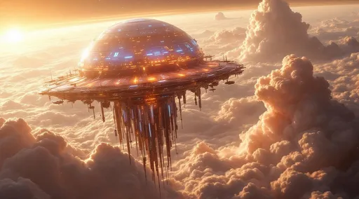 Prompt: A massive jellyfish-shaped sci-fi space station orbits just above an orange massive gaseous planet's atmosphere . Its upper half is a colossal, smooth metallic dome with a translucent sheen glowing softly with reflected starlight and the warm hues of the distant sun. The dome disperses streams of charged particles of solar wind in soft, swirling patterns of light across its curved surface. The surface is dotted with luminous panels, antennae and docking bays barely visible through the glimmer. Beneath the dome an intricate network of spires, suspended platforms and tubular structures cascades downward like tendrils- some glowing faintly blue or white others pulsating with the flicker of artificial life. These dangling elements evoke the appearance of a bioluminescent jellyfish. It is both majestic and haunting.  The planet below has a thick, swirling atmosphere filled with dramatic cloud formations resembling cyclones or massive storm systems. There's a particularly tall and dense cloud formation near the center-right casting a deep shadow across the cloud layers-implying scale and volume. The curvature of the planet is clearly visible with a distinct atmospheric glow transitioning from a deep blue near the horizon to the blackness of space. Above the planet in the far background another celestial body- a moon -appears partially illuminated adding depth and scale to the cosmic setting. A bright star or distant sun shines on the left side of the frame with lens flare and subtle blue glows. The clouds in the atmosphere are dramatically illuminated by the star casting long shadows.
